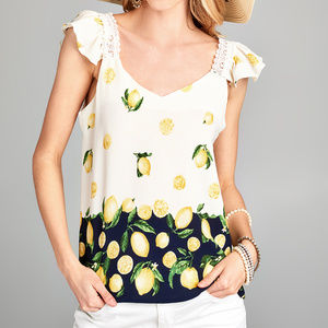 🍋 NWOT Lemons Yellow/White/Navy Top with Lace